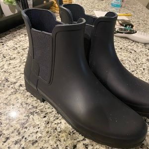 Navy blue, ankle rainboots.